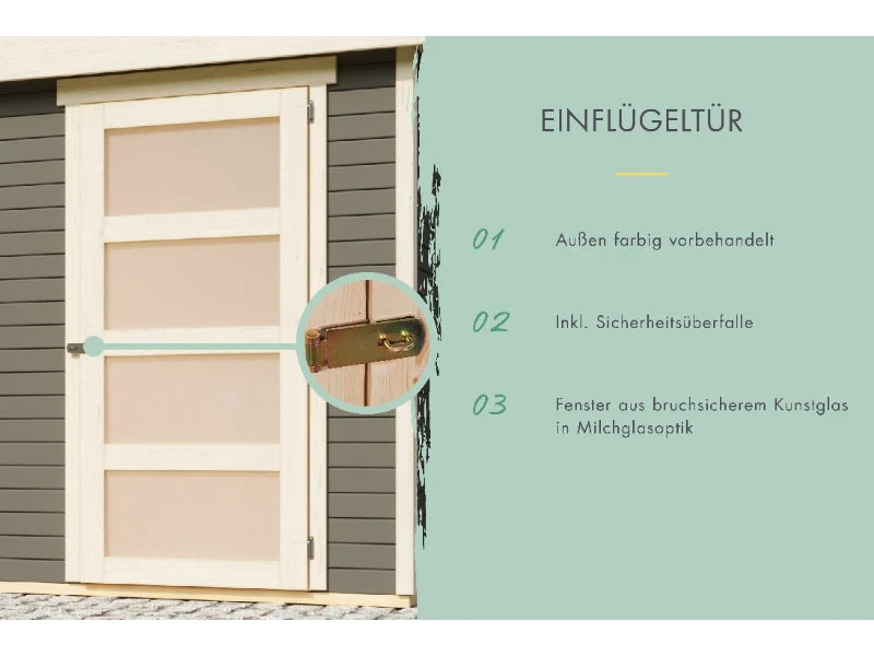Karibu Gartenhaus Schwandorf 3 terragrau mit Anbaudach 2,4 m, Rückwand