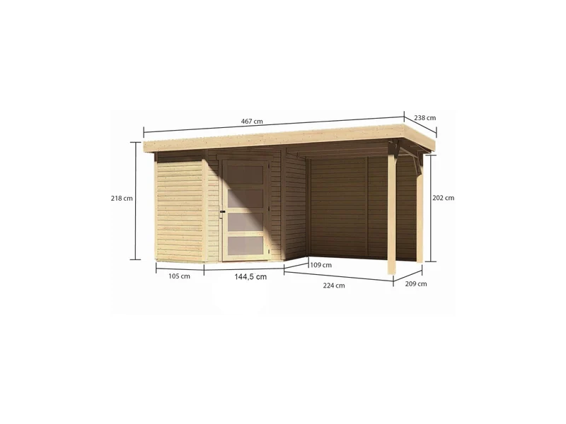 Karibu Gartenhaus Schwandorf 3 natur mit Anbaudach 2,4 m, Rückwand