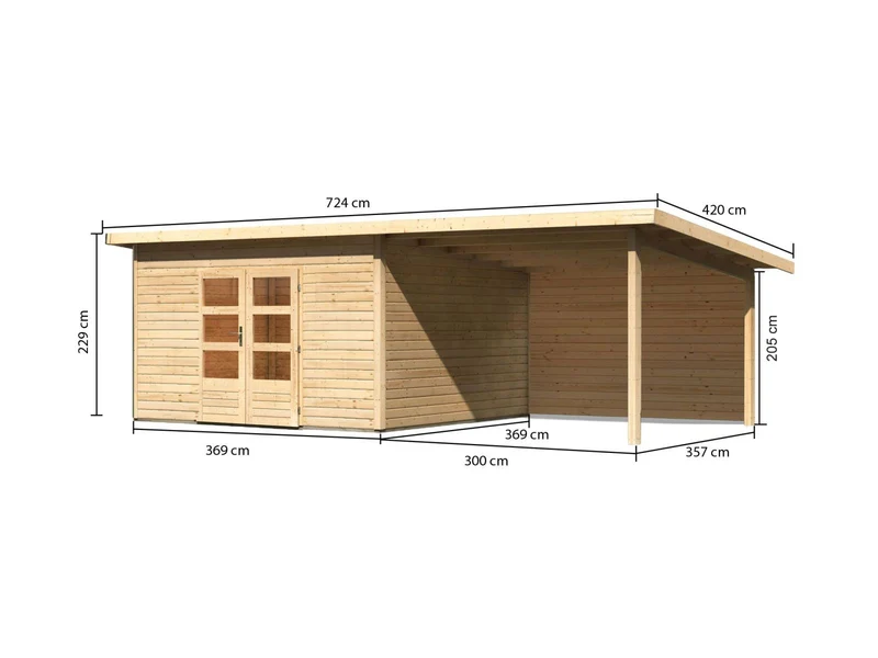Karibu Gartenhaus Northeim 5 natur mit Anbaudach 3 m inkl. Rückwand