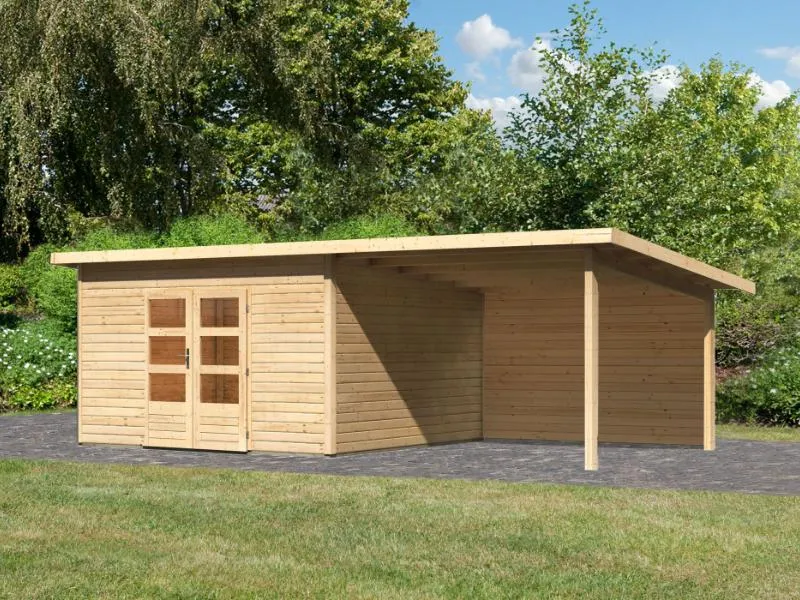 Karibu Gartenhaus Northeim 5 natur mit Anbaudach 3 m inkl. Rückwand