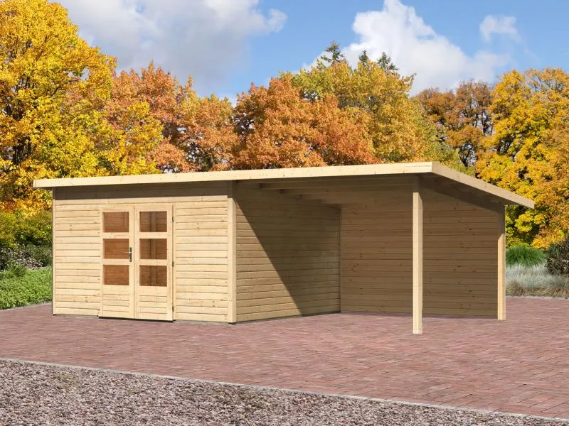 Karibu Gartenhaus Northeim 5 natur mit Anbaudach 3 m inkl. Rückwand