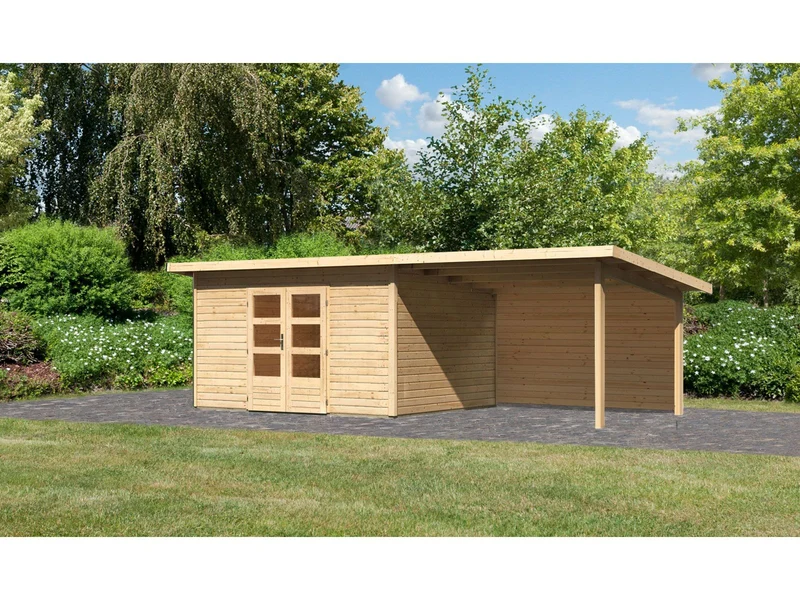 Karibu Gartenhaus Northeim 4 natur mit Anbaudach 3 m inkl. Rückwand