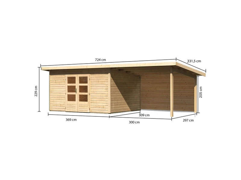 Karibu Gartenhaus Northeim 4 natur mit Anbaudach 3 m inkl. Rückwand