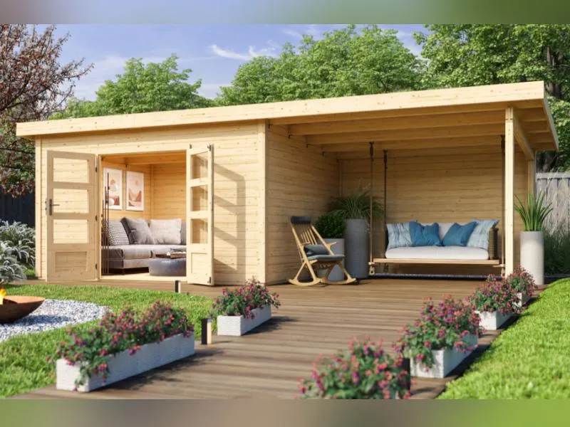 Karibu Gartenhaus Northeim 4 natur mit Anbaudach 3 m inkl. Rückwand