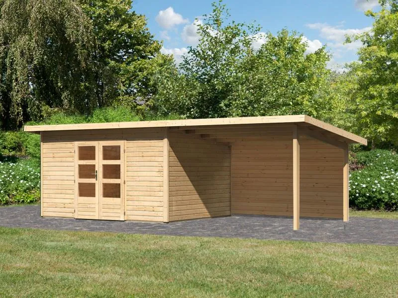 Karibu Gartenhaus Northeim 4 natur mit Anbaudach 3 m inkl. Rückwand
