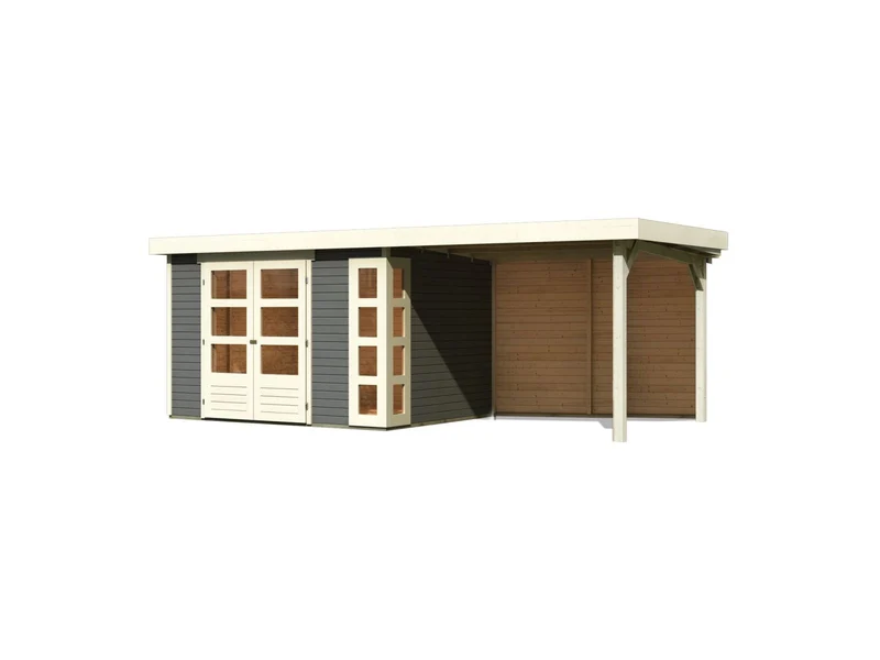 Karibu Gartenhaus Kerko 5 terragrau mit Anbaudach 2,80 m inkl. Rückwand