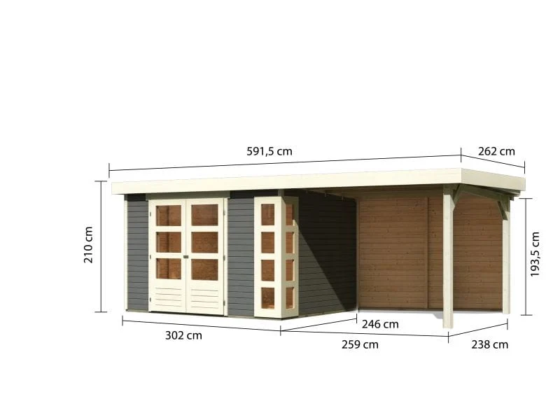 Karibu Gartenhaus Kerko 5 terragrau mit Anbaudach 2,80 m inkl. Rückwand