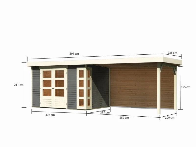 Karibu Gartenhaus Kerko 4 terragrau mit Anbaudach 2,80 m inkl. Rückwand