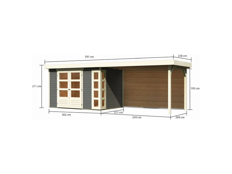 Karibu Gartenhaus Kerko 4 natur mit Anbaudach 2,80 m inkl. Rückwand