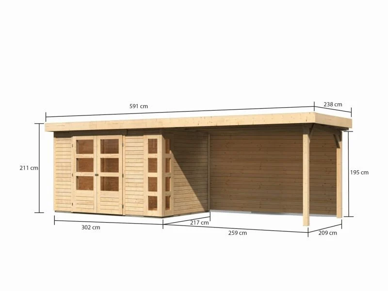 Karibu Gartenhaus Kerko 4 natur mit Anbaudach 2,80 m inkl. Rückwand
