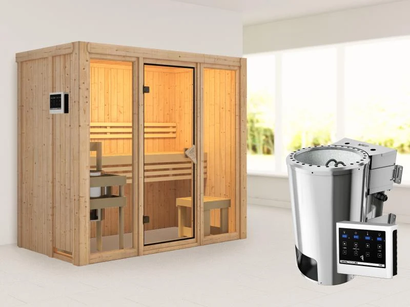 Karibu Sauna Avari 2 inkl. 3,6 kW Bioofen ext. Steuerung - ohne Dachkranz