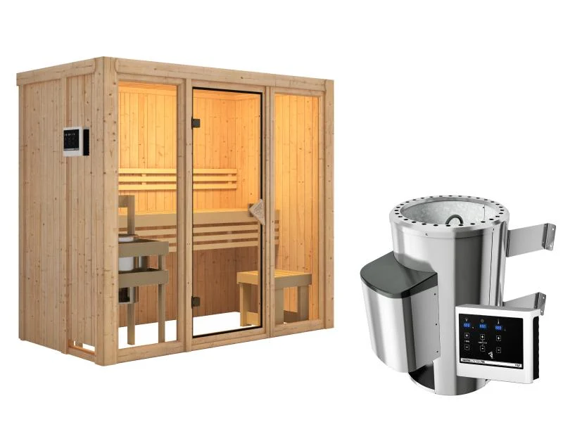 Karibu Sauna Avari 2 inkl. 3,6 kW Ofen ext. Steuerung - ohne Dachkranz