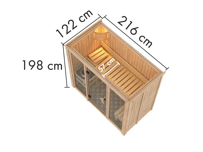 Karibu Sauna Avari 2 inkl. 3,6 kW Ofen ext. Steuerung - ohne Dachkranz