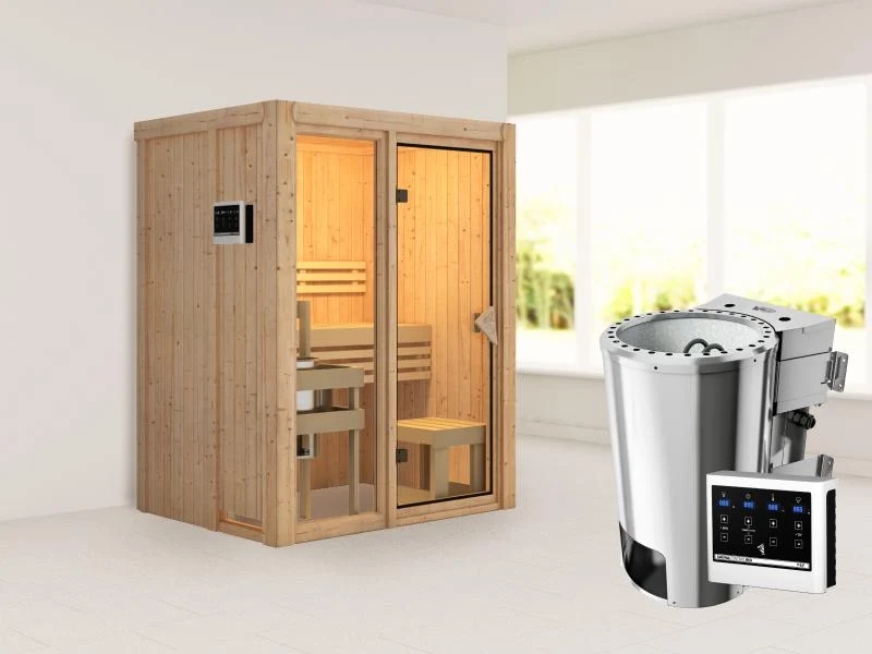 Karibu Sauna Avari 1 inkl. 3,6 kW Bioofen externe Steuerung - ohne Dachkranz