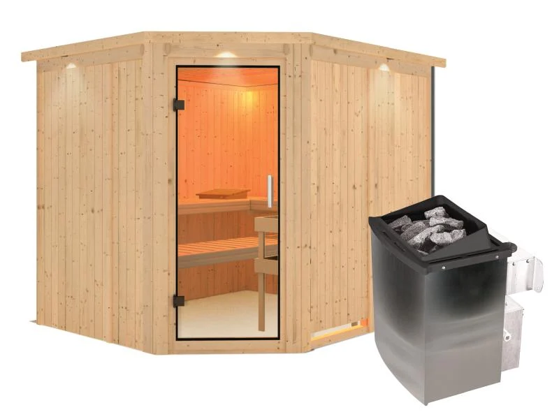 Karibu Sauna Malin inkl. 9 kW Ofen mit int. Steuerung, mit Dachkranz, mit Klarglas Ganzglastür
