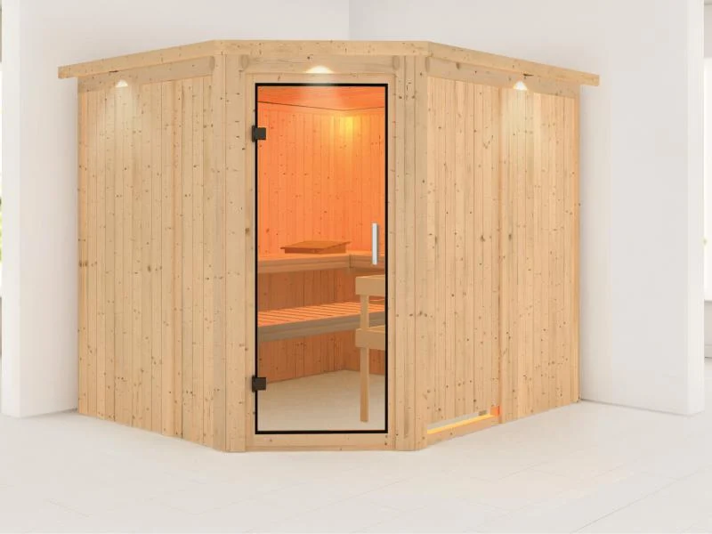 Karibu Sauna Malin ohne Ofen, mit Dachkranz, mit Klarglas Ganzglastür