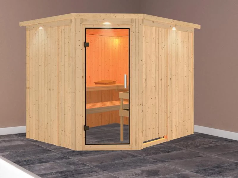 Karibu Sauna Malin ohne Ofen, mit Dachkranz, mit Klarglas Ganzglastür