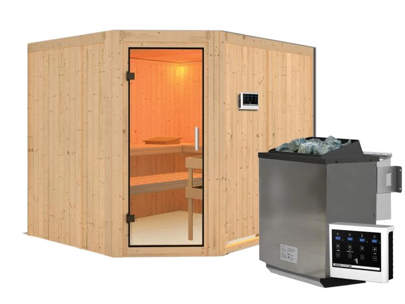 Karibu Sauna Malin inkl. 9 kW Bio Ofen mit ext. Steuerung, ohne Dachkranz, mit Klarglas Ganzglastür