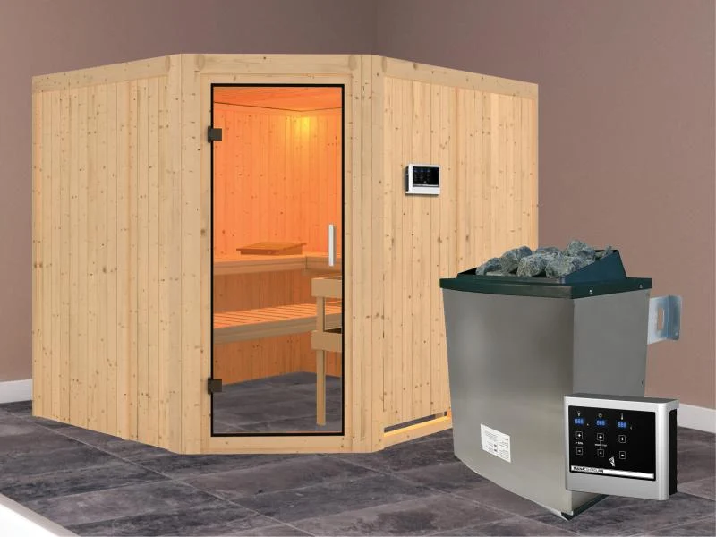 Karibu Sauna Malin inkl. 9 kW Ofen mit ext. Steuerung, ohne Dachkranz, mit Klarglas Ganzglastür