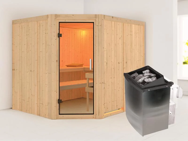 Karibu Sauna Malin inkl. 9 kW Ofen mit int. Steuerung, ohne Dachkranz, mit Klarglas Ganzglastür