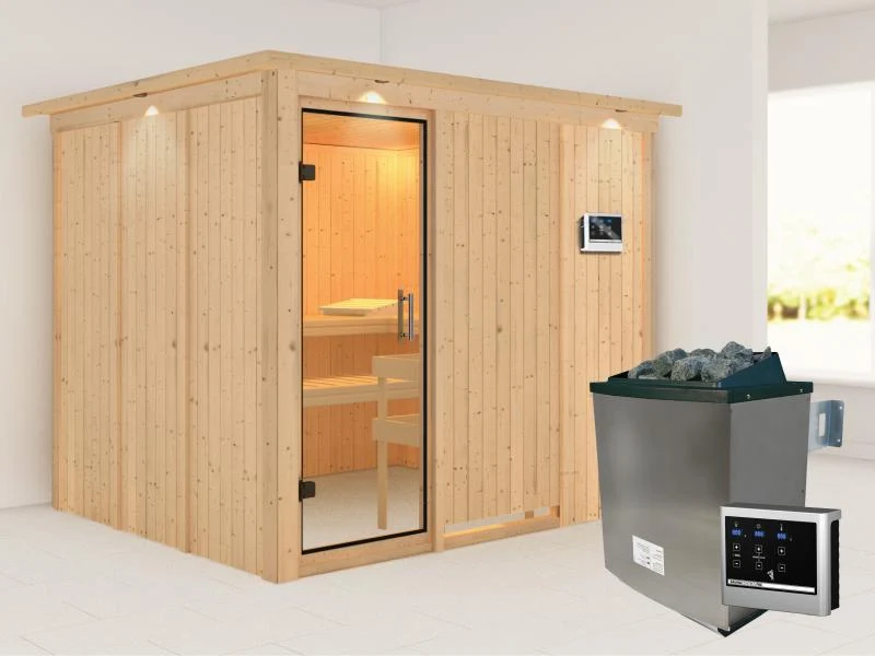 Karibu Sauna Gobin inkl. 9 kW Ofen mit ext. Steuerung, mit Dachkranz, mit Klarglas Ganzglastür