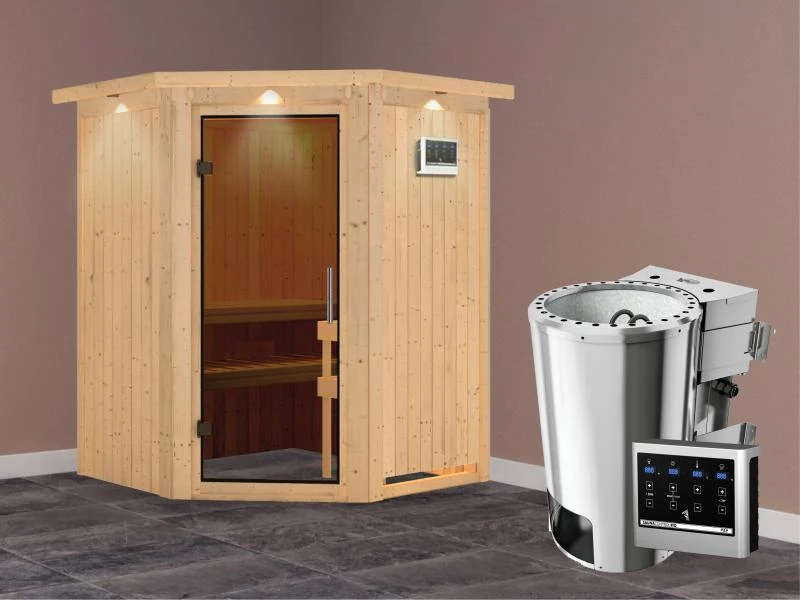 Nanja - Karibu Sauna Plug & Play 3,6 kW Bio Ofen, ext. Steuerung - mit Dachkranz - Moderne Saunatür