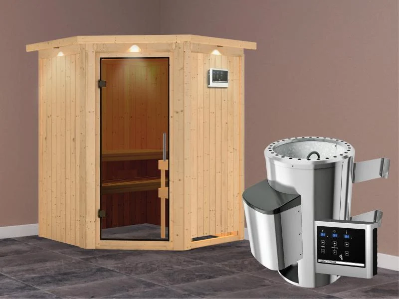 Nanja - Karibu Sauna Plug & Play 3,6 kW Ofen, ext. Steuerung - mit Dachkranz - Moderne Saunatür