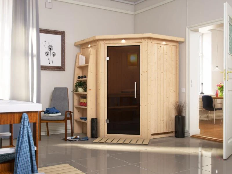Nanja - Karibu Sauna Plug & Play ohne Ofen - mit Dachkranz - moderne Saunatür