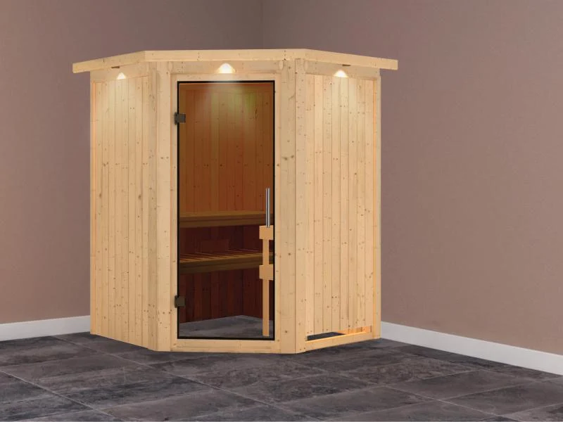 Nanja - Karibu Sauna Plug & Play ohne Ofen - mit Dachkranz - moderne Saunatür