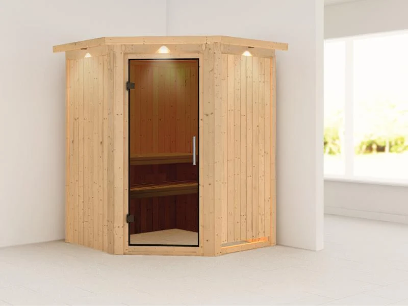 Nanja - Karibu Sauna Plug & Play ohne Ofen - mit Dachkranz - moderne Saunatür