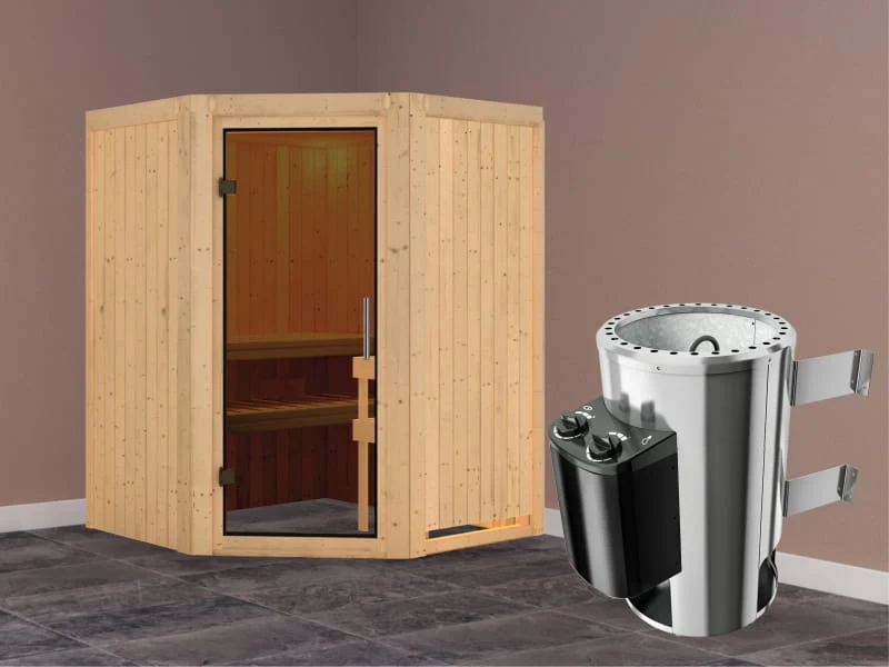 Nanja - Karibu Sauna Plug & Play 3,6 kW Ofen, int. Steuerung - ohne Dachkranz - moderne Saunatür