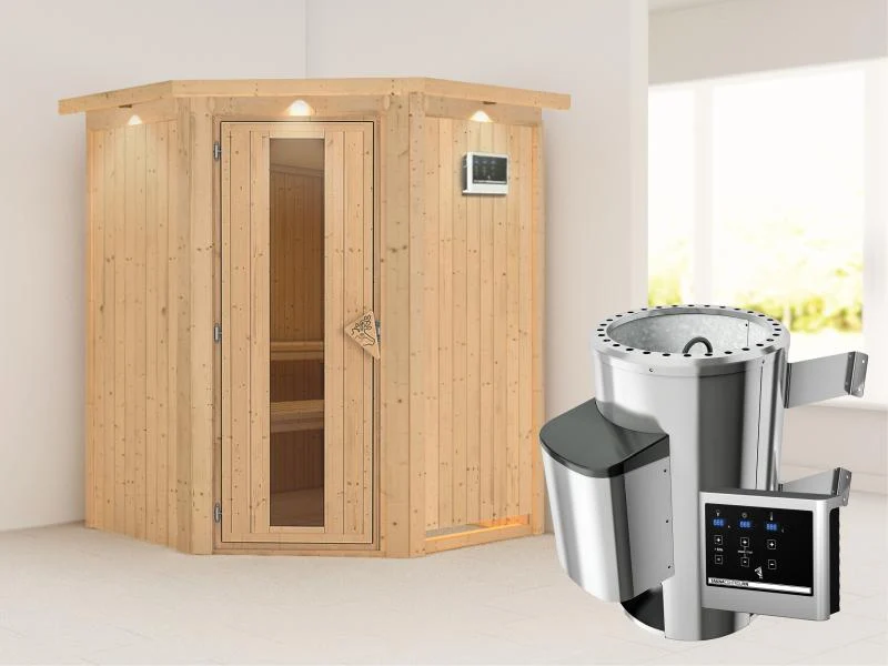 Nanja - Karibu Sauna Plug & Play 3,6 kW Ofen, ext. Steuerung - mit Dachkranz - Energiespartür