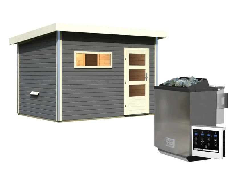 Karibu Saunahaus Skrollan 2 in terragrau- 9 kW Bioofen ext. Strg- moderne Tür