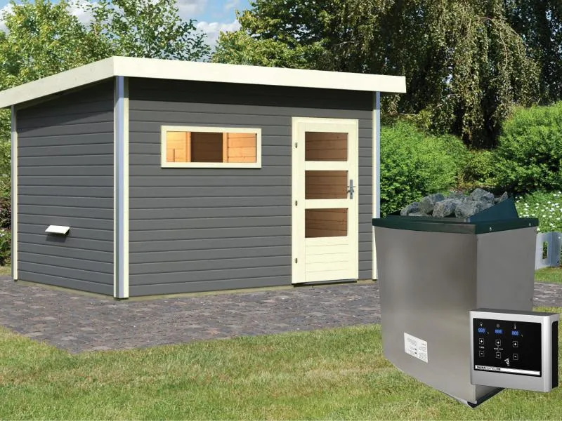 Karibu Saunahaus Skrollan 2 in terragrau- 9 kW Ofen ext. Strg- moderne Tür