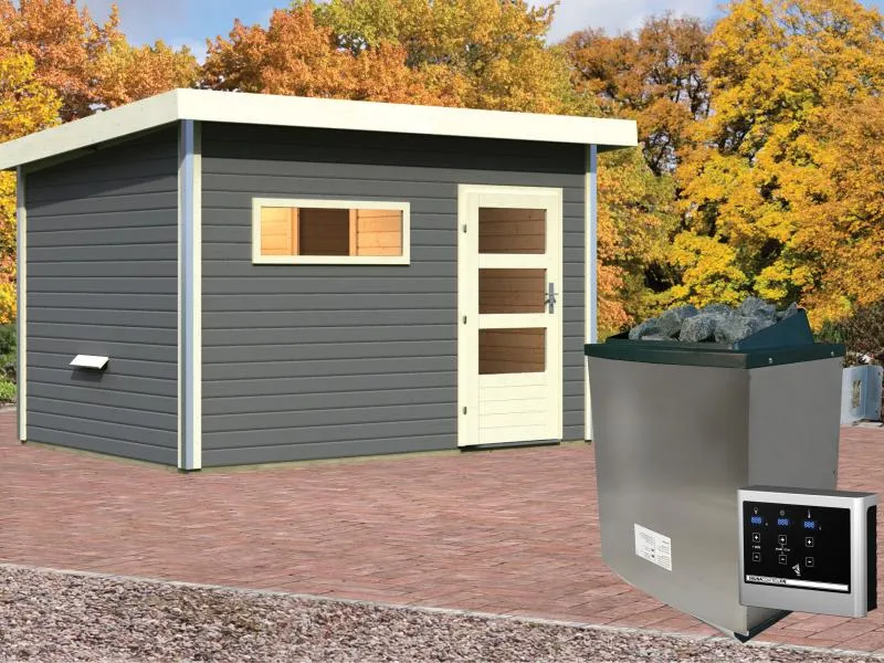 Karibu Saunahaus Skrollan 2 in terragrau- 9 kW Ofen ext. Strg- moderne Tür