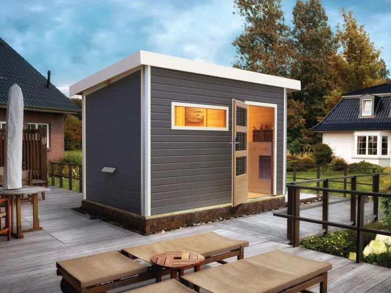 Karibu Saunahaus Skrollan 2 in terragrau- ohne Ofen- moderne Tür