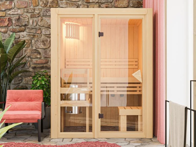 Karibu Sauna Avari 1 inkl. 3,6 kW Ofen externe Steuerung - ohne Dachkranz