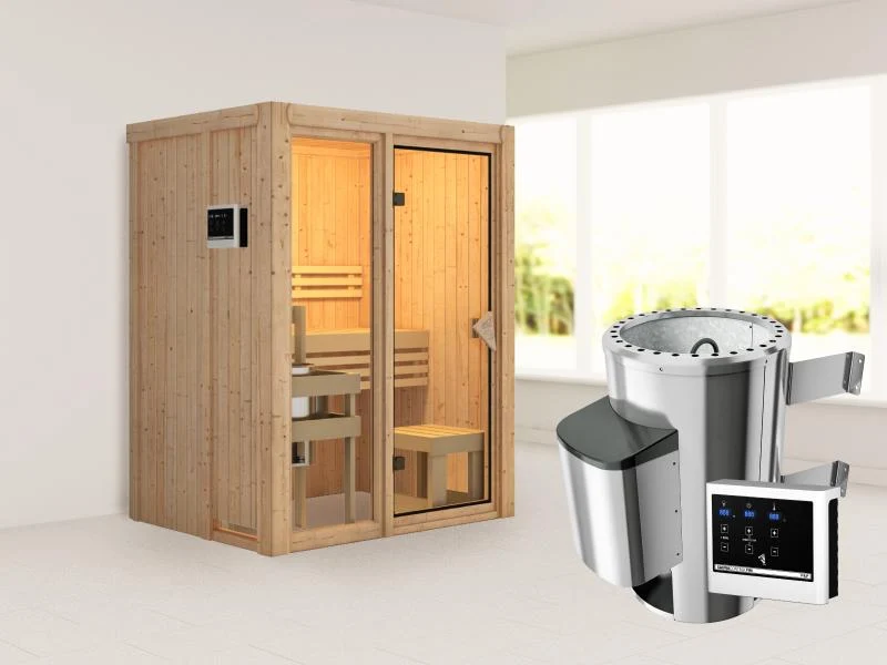 Karibu Sauna Avari 1 inkl. 3,6 kW Ofen externe Steuerung - ohne Dachkranz