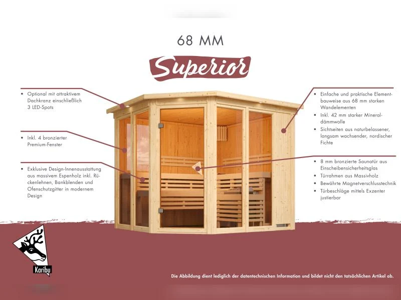 Karibu Sauna Avari 1 inkl. 3,6 kW Ofen externe Steuerung - ohne Dachkranz