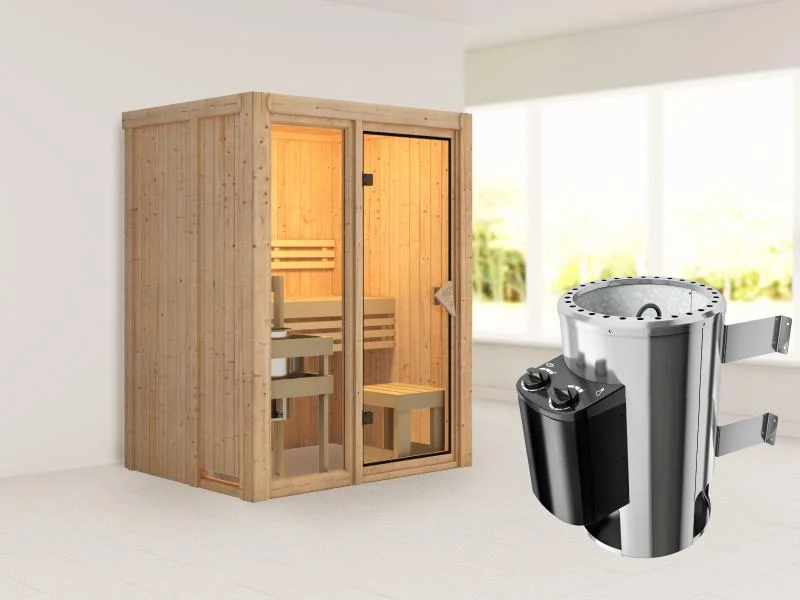 Karibu Sauna Avari 1 inkl. 3,6 kW Ofen intgr. Steuerung - ohne Dachkranz