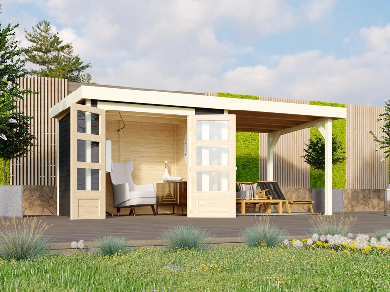 Norlinio Gartenhaus Kerken 3 terragrau inkl. Fußboden und Anbaudach 2,40 m
