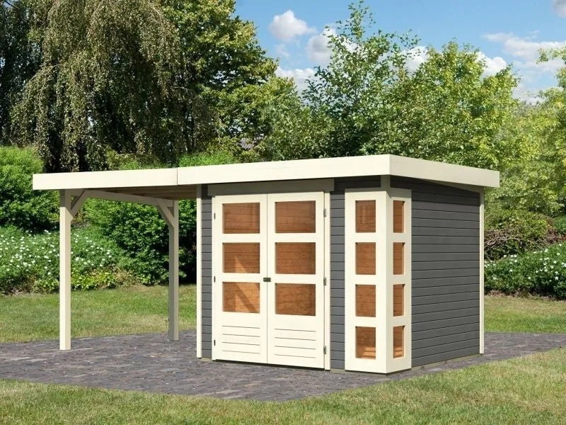 Norlinio Gartenhaus Kerken 3 terragrau inkl. Fußboden und Anbaudach 2,40 m