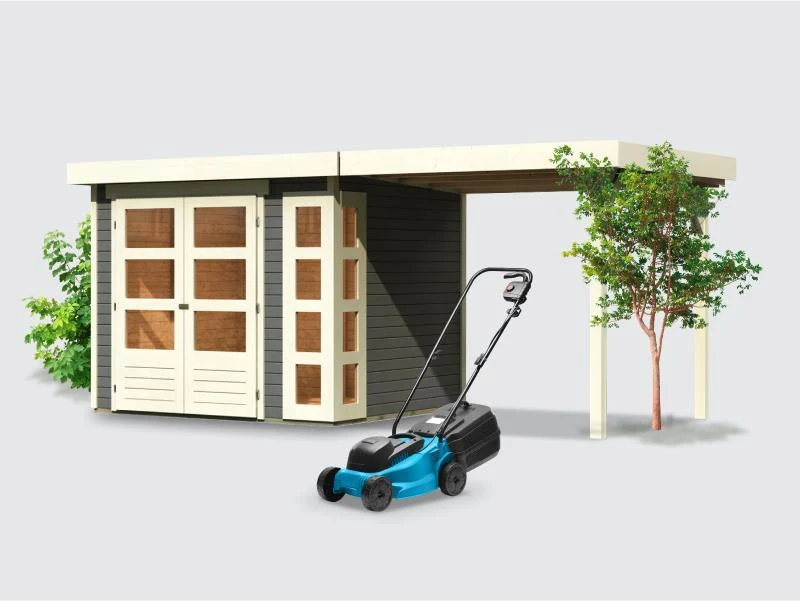 Norlinio Gartenhaus Kerken 3 terragrau inkl. Fußboden und Anbaudach 2,40 m