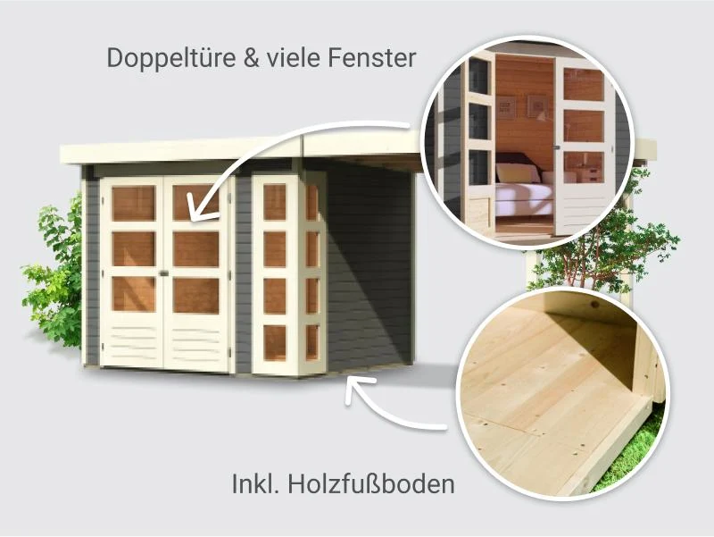 Norlinio Gartenhaus Kerken 3 terragrau inkl. Fußboden und Anbaudach 2,40 m