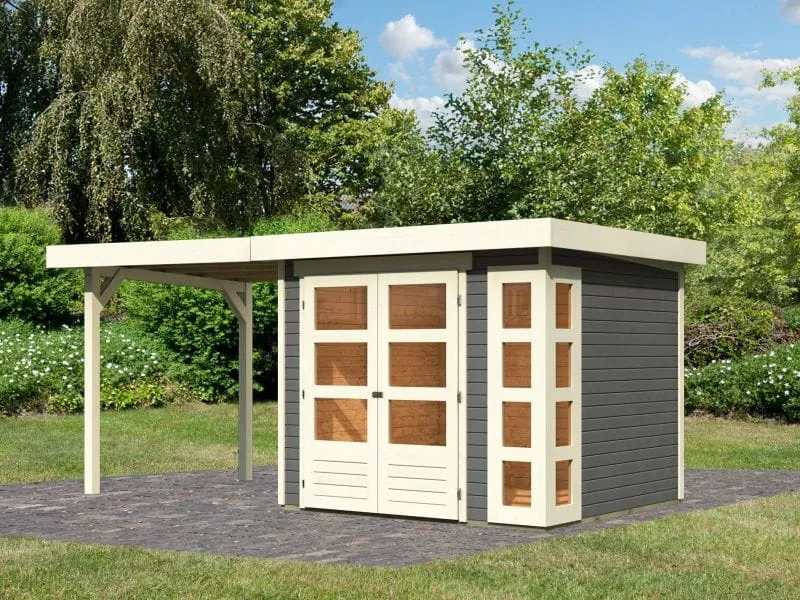 Norlinio Gartenhaus Kerken 3 terragrau inkl. Fußboden und Anbaudach 2,40 m