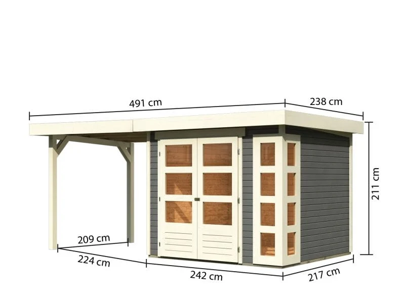 Norlinio Gartenhaus Kerken 3 terragrau inkl. Fußboden und Anbaudach 2,40 m