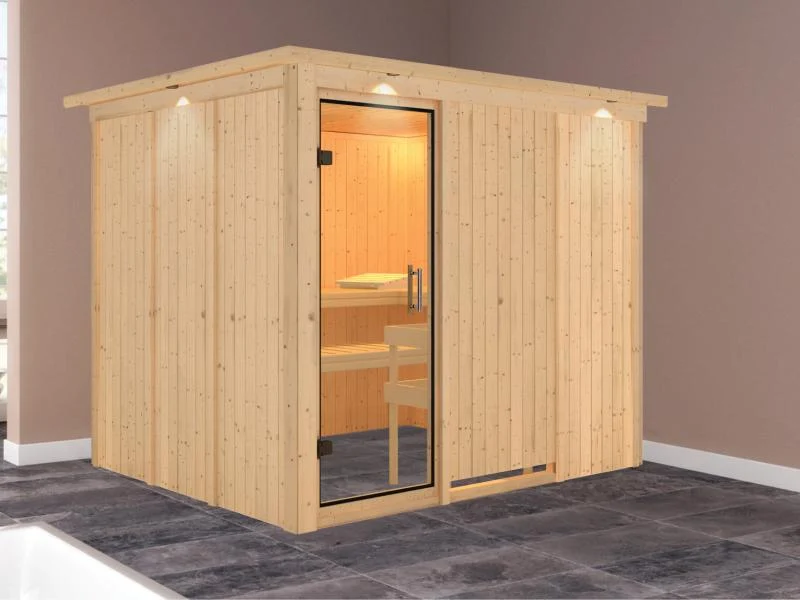 Karibu Sauna Gobin ohne Ofen, mit Dachkranz, mit Klarglas Ganzglastür