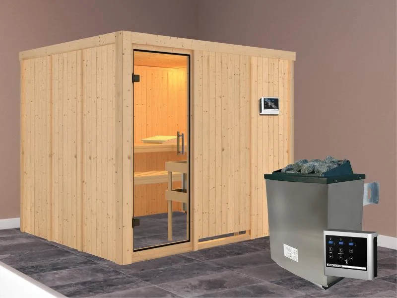 Karibu Sauna Gobin inkl. 9 kW Ofen mit ext. Steuerung, ohne Dachkranz, mit Klarglas Ganzglastür