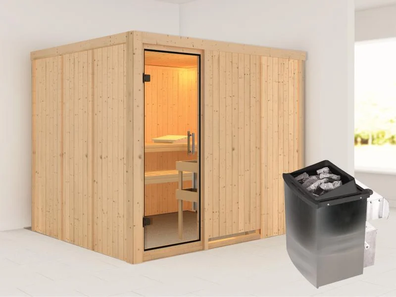 Karibu Sauna Gobin inkl. 9 kW Ofen mit int. Steuerung, ohne Dachkranz, mit Klarglas Ganzglastür