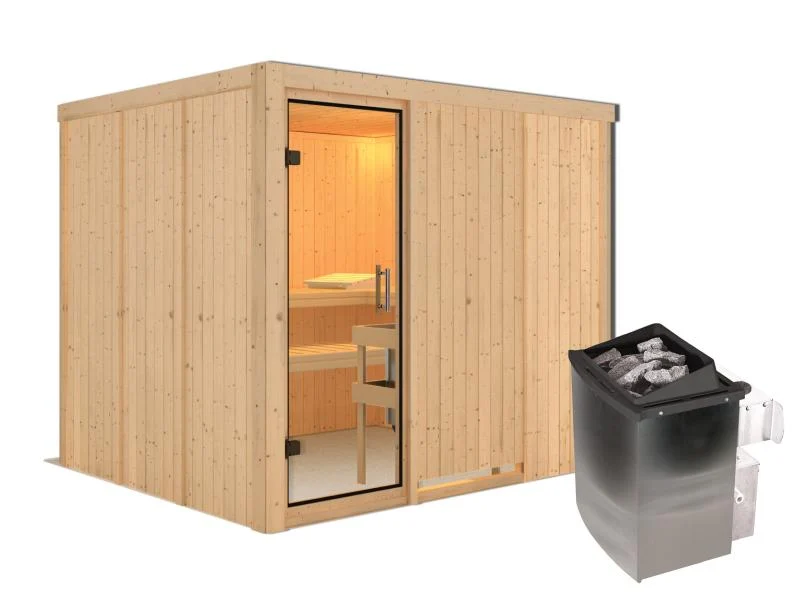 Karibu Sauna Gobin inkl. 9 kW Ofen mit int. Steuerung, ohne Dachkranz, mit Klarglas Ganzglastür